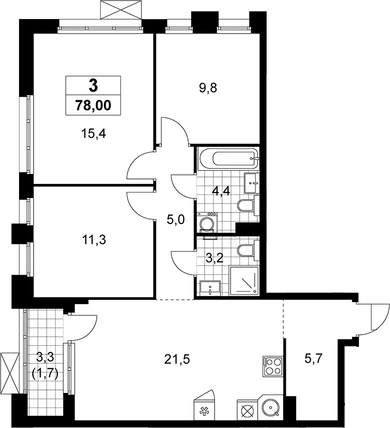 Планировка: Квартира евро-4 76,3 м² в ЖК «Прокшино»