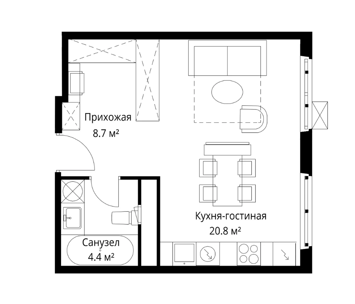 Планировка: Студия 33,9 м² в ЖК «У реки.Эко Видное 2.0»