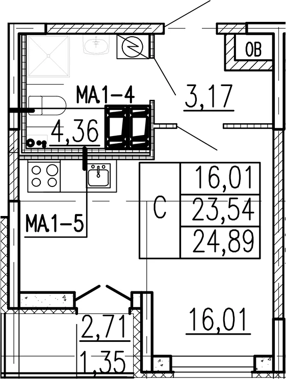 Планировка: Студия 23,5 м² в ЖК «Высота. Бугры»