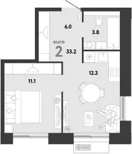 Планировка: Евродвушка 33,2 м² в ЖК «Страна.Заречная»