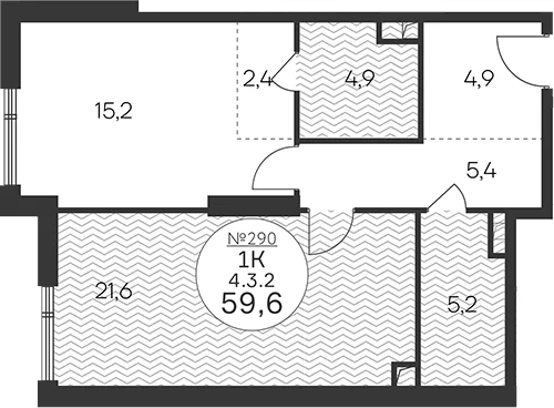 Планировка: 1-комнатная квартира 59,6 м² в ЖК «Клубный квартал КРЫЛАТСКАЯ 33»