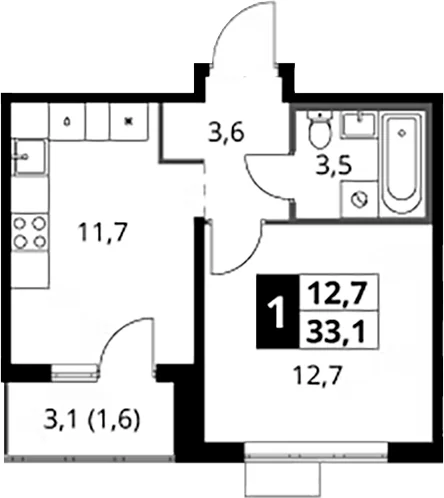 Планировка: 1-комнатная квартира 31,5 м² в ЖК «1-й Южный»
