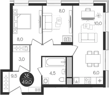 Планировка: Евротрёшка 49 м² в ЖК «Кантемировский»