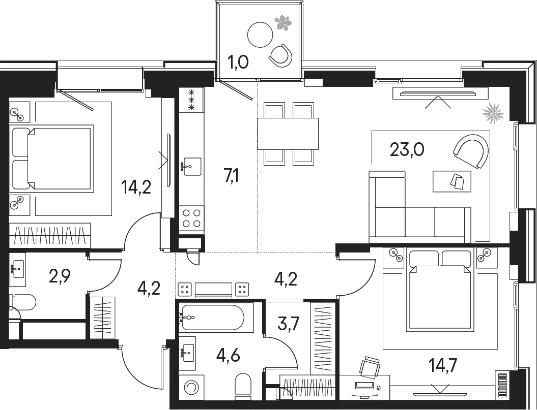 Планировка: Евротрёшка 78,6 м² в ЖК «Клубный город на реке Примавера»