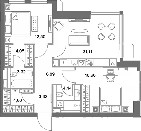Планировка: 2-комнатная квартира 76,9 м² в ЖК «ФАЙВ ТАУЭРС»