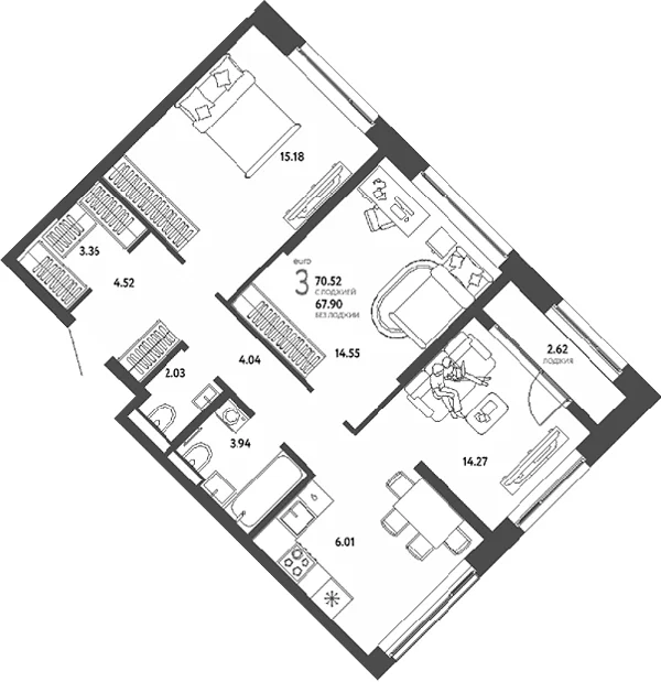 Планировка: Евротрёшка 67,9 м² в ЖК «Страна.Парковая»