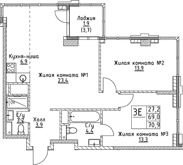 Планировка: Евротрёшка 69 м² в ЖК «ВЭРИ на Миклухо-Маклая»