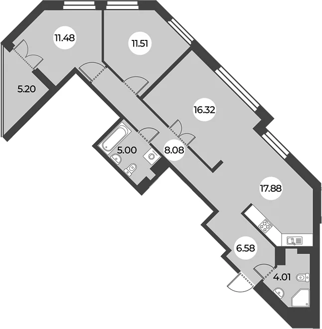 Планировка: Квартира евро-4 80,9 м² в ЖК «Огни Залива»