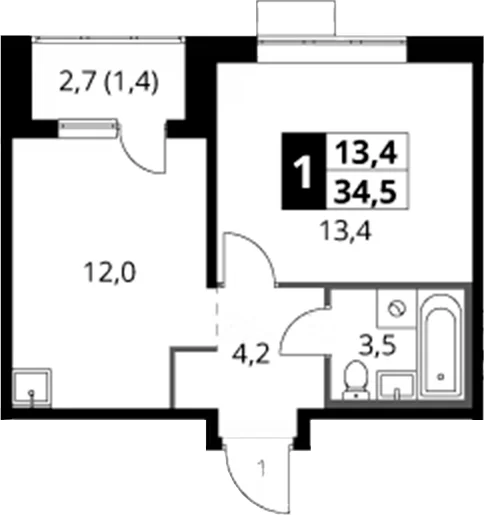 Планировка: 1-комнатная квартира 33,1 м² в ЖК «1-й Саларьевский»