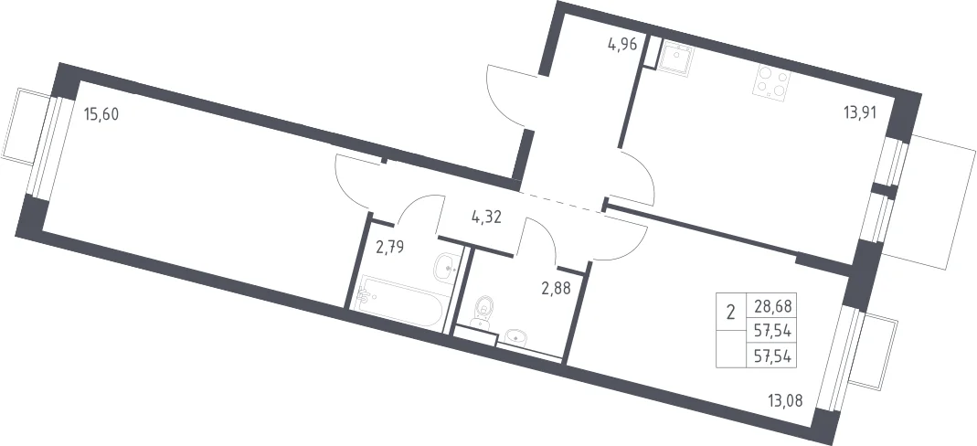 Планировка: 2-комнатная квартира 57,5 м² в ЖК «Молжаниново»