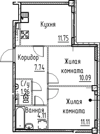 Планировка: 2-комнатная квартира 46,8 м² в ЖК «Кронфорт»