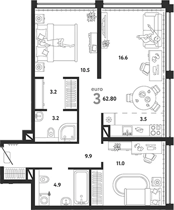 Планировка: Евротрёшка 62,8 м² в ЖК «Страна.Озерная»