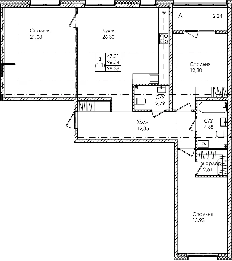 Планировка: Квартира евро-4 96 м² в ЖК «Лисино»