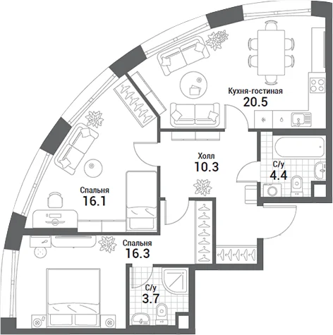 Планировка: Евротрёшка 71,3 м² в ЖК «Нагатино Ай-Лэнд»