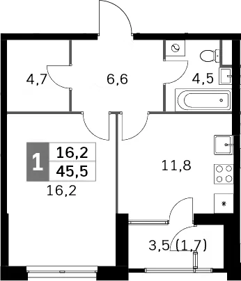 Планировка: 1-комнатная квартира 41,7 м² в ЖК «Скай Гарден»