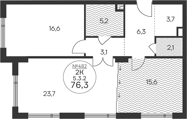 Планировка: Евродвушка 76,3 м² в ЖК «Клубный квартал КРЫЛАТСКАЯ 33»