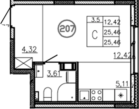 Планировка: Студия 25,5 м² в ЖК «Аннино Сити»