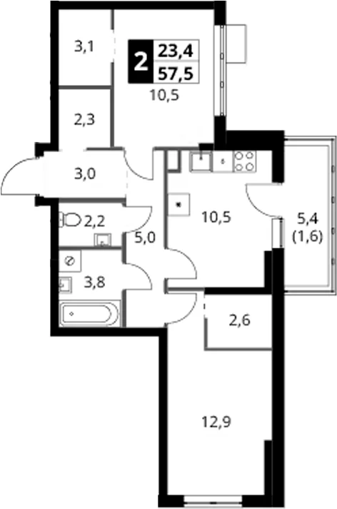 Планировка: 2-комнатная квартира 55,9 м² в ЖК «1-й Ясеневский»