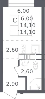 Планировка: Студия 14,1 м² в ЖК «Ольховый квартал»