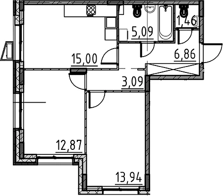 Планировка: Евротрёшка 58,3 м² в ЖК «ВЕРЕН НОРТ Cертолово»