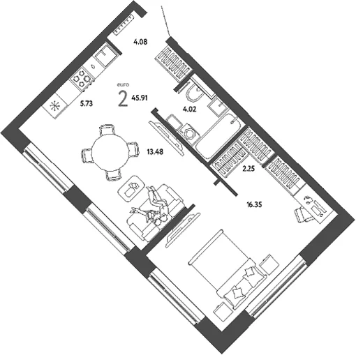 Планировка: Евродвушка 45,9 м² в ЖК «Страна.Парковая»