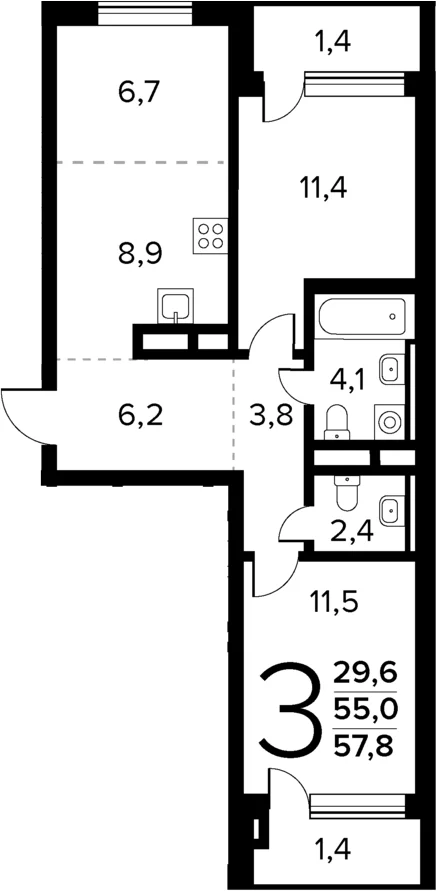 Планировка: Евротрёшка 55 м² в ЖК «Новые Ватутинки Квартал у реки»