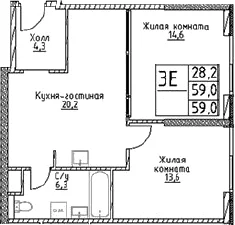 Планировка: Евротрёшка 59 м² в ЖК «Наметкин Тауэр»