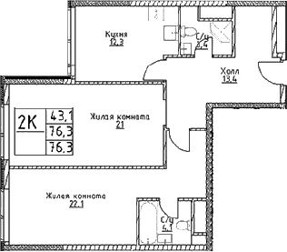 Планировка: 2-комнатная квартира 76,3 м² в ЖК «Наметкин Тауэр»