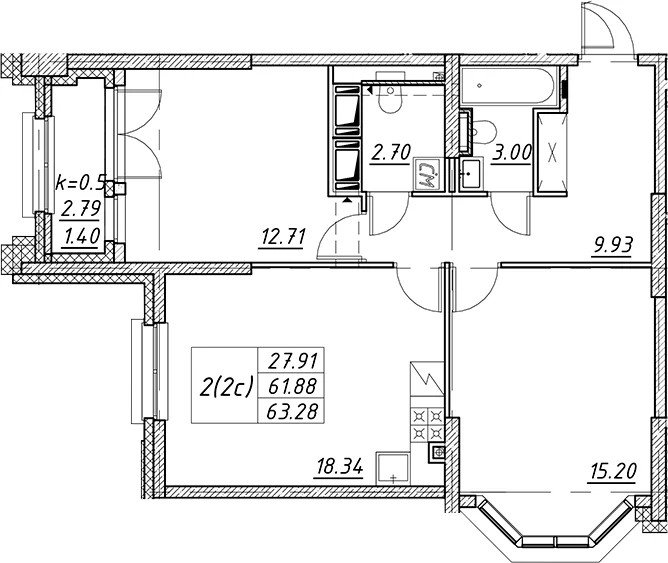 Планировка: Евротрёшка 61,9 м² в ЖК «Цивилизация на Неве»