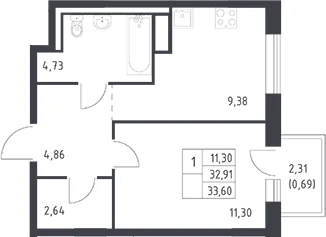 Планировка: 1-комнатная квартира 32,9 м² в ЖК «Квартал Лаголово»