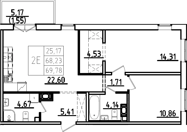 Планировка: Евротрёшка 68,2 м² в ЖК «Ю Гатчина»