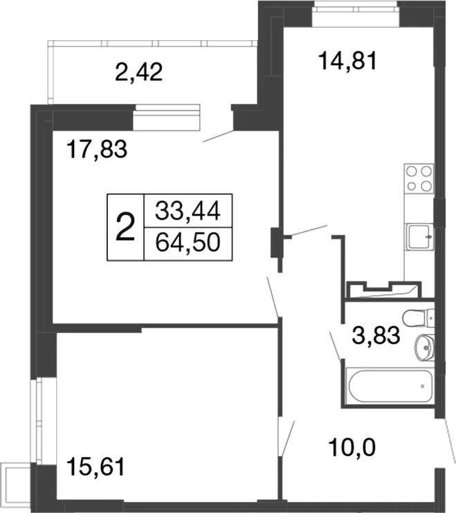 Планировка: 2-комнатная квартира 62,1 м² в ЖК «Времена года»