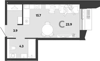 Планировка: Студия 23,9 м² в ЖК «Страна.Заречная»