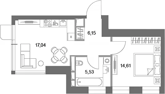 Планировка: 1-комнатная квартира 43,3 м² в ЖК «ФАЙВ ТАУЭРС»
