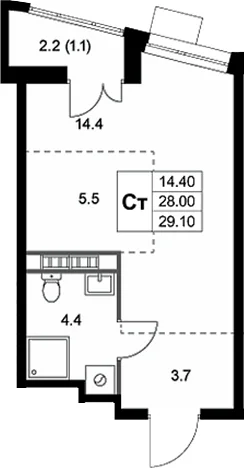 Планировка: Студия 28 м² в ЖК «Легенда Коренево»