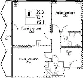 Планировка: Евротрёшка 73,4 м² в ЖК «Наметкин Тауэр»