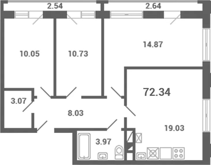 Планировка: 3-комнатная квартира 69,6 м² в ЖК «Южная Долина»