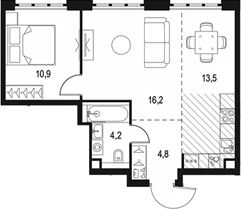 Планировка: Евродвушка 49,6 м² в ЖК «Левел Южнопортовая»