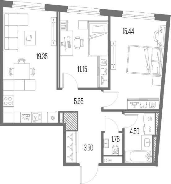 Планировка: Евротрёшка 61,4 м² в ЖК «Легенда Васильевского»