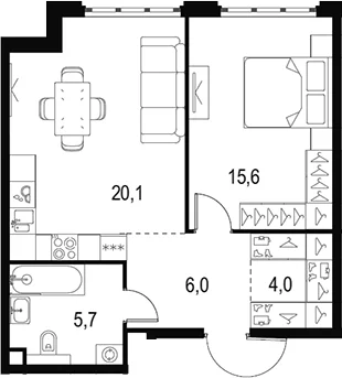 Планировка: Евродвушка 51,4 м² в ЖК «Левел Южнопортовая»