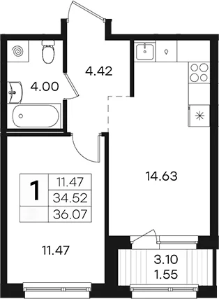 Планировка: 1-комнатная квартира 34,5 м² в ЖК «Парголово»