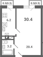 Планировка: 1-комнатная квартира 29,8 м² в ЖК «Южная Долина»