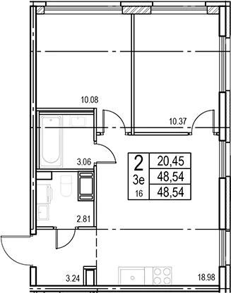 Планировка: Евротрёшка 48,5 м² в ЖК «ID Murino III»