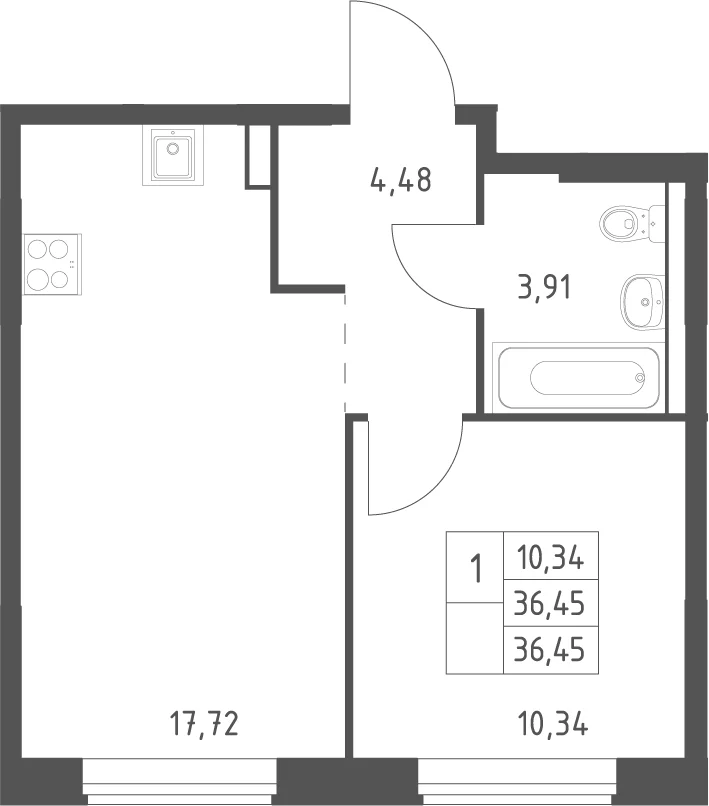 Планировка: Евродвушка 36,5 м² в ЖК «Большое Юрлово»