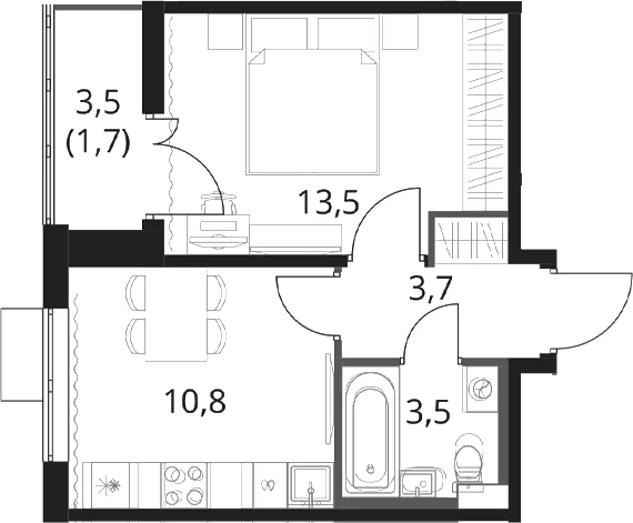 Планировка: 1-комнатная квартира 31,5 м² в ЖК «1-й Шереметьевский»