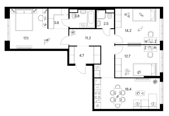 Планировка: 3-комнатная квартира 88,2 м² в ЖК «Москворечье»