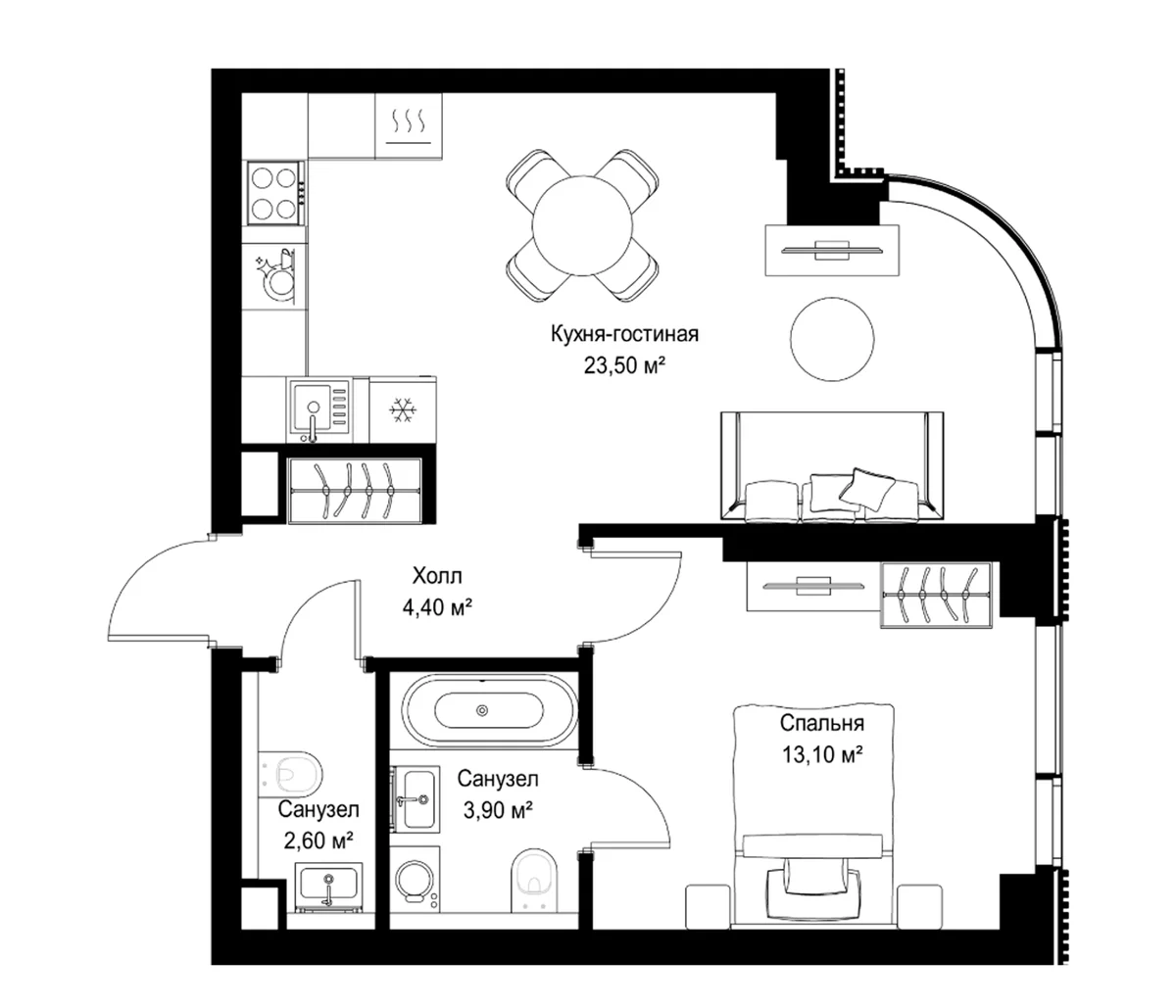 Планировка: Евродвушка 47,5 м² в ЖК «СИТИДЗЕН»