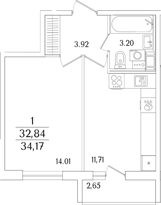 Планировка: 1-комнатная квартира 32,8 м² в ЖК «Кинопарк»