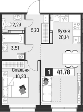 Планировка: Евродвушка 41,8 м² в ЖК «Символист»