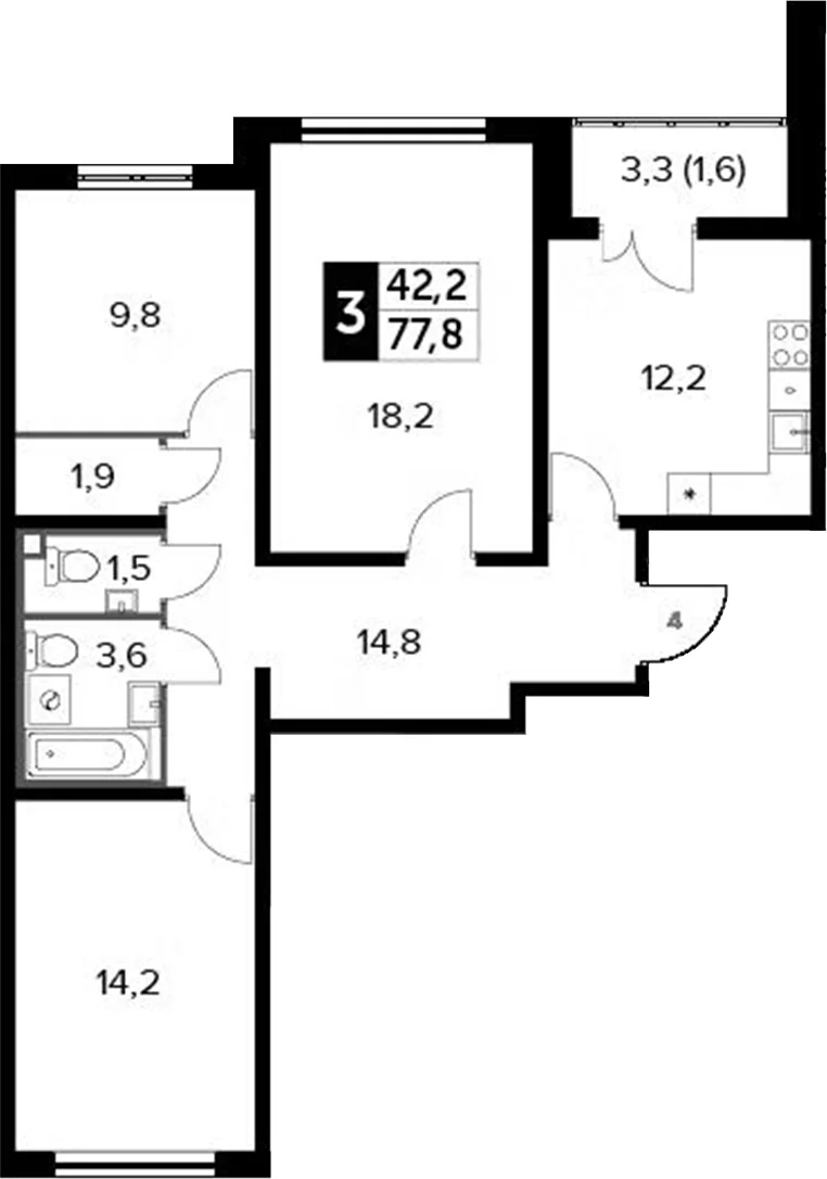 Планировка: 3-комнатная квартира 76,2 м² в ЖК «Южная Битца»